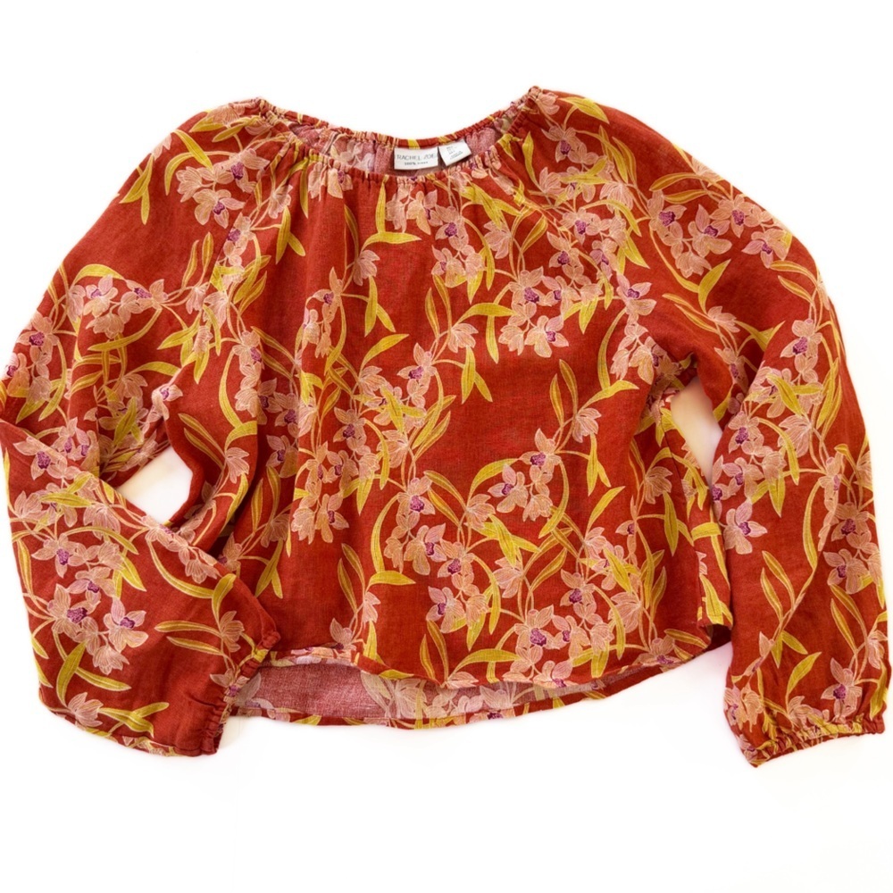 Rachel Zoe Shirt Womens Large 100% Rust Orange Floral Boho Off Shoulder